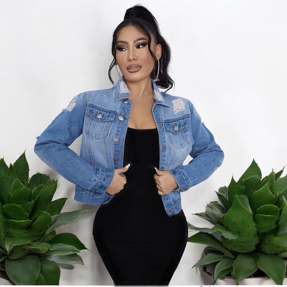 Distressed Tattered Detailing Blue Ripped Button Up Denim Jacket - Picture 6 of 15